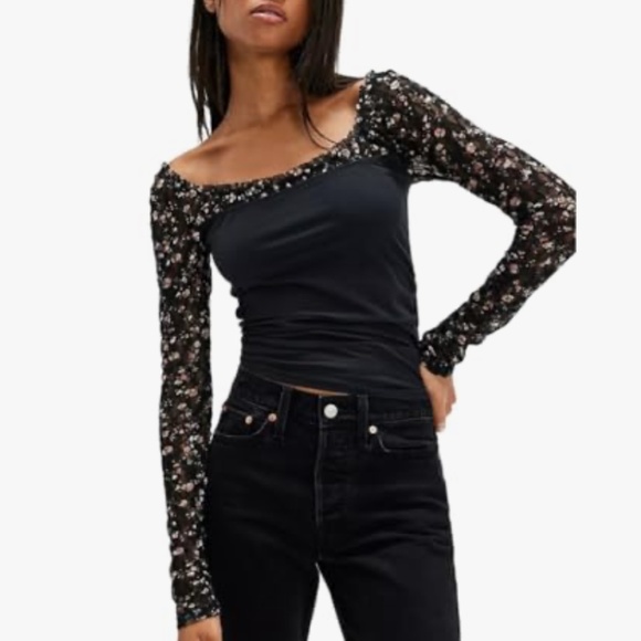 Free People Josie Long Sleeve Top in Black Combo Cotton Jersey Lace Size XL - Picture 1 of 16